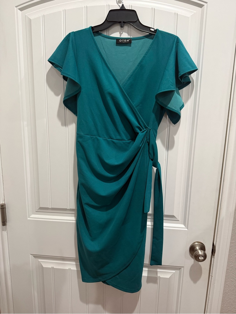 OTEN Teal Wrap Midi Dress with Tie Waist